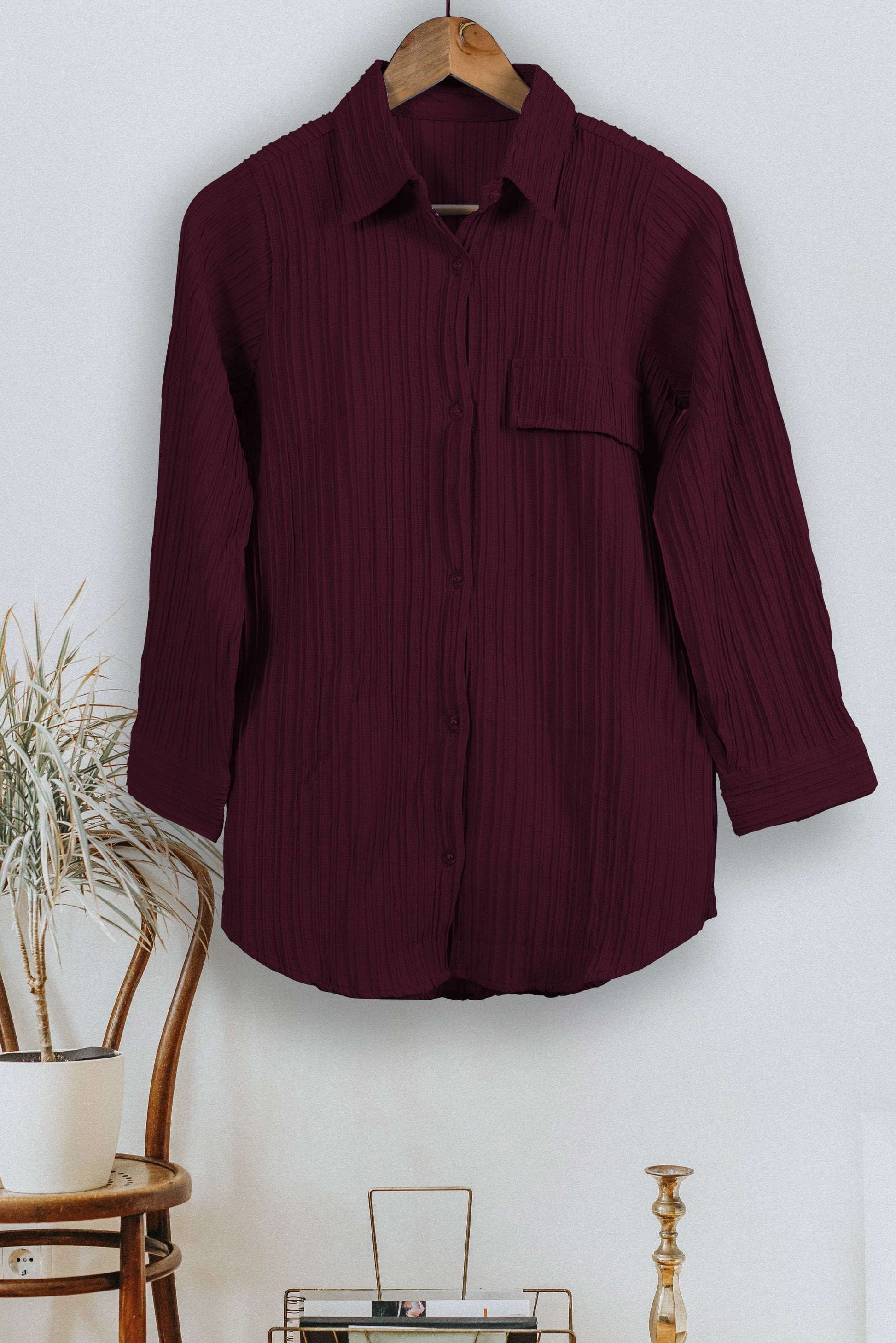 Women's Button Down Collar Neck Maroon Top