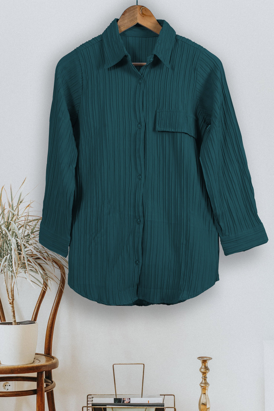 Sky blue and white striped women's button-down collar neck top