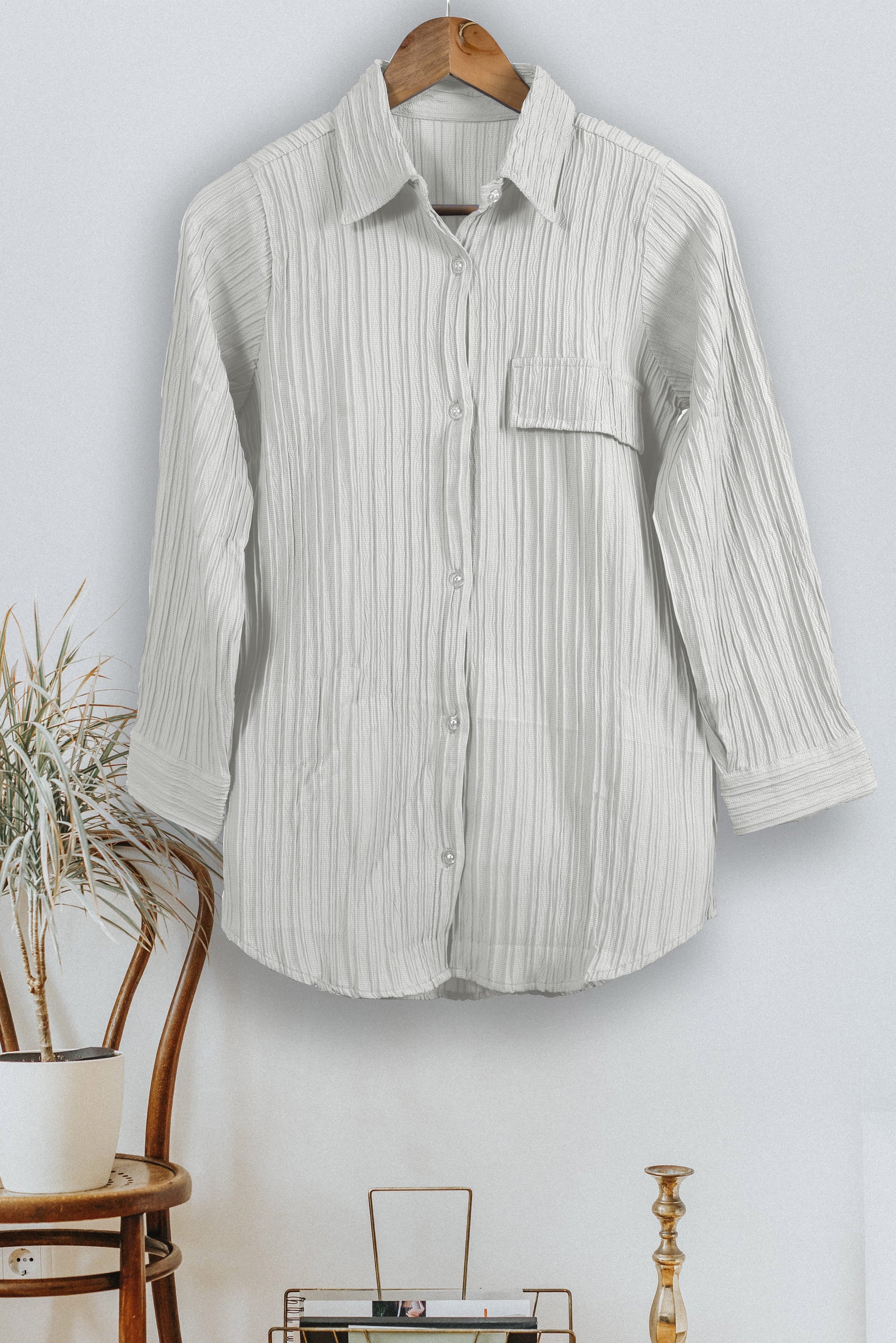 Sky blue and white striped women's button-down collar neck top