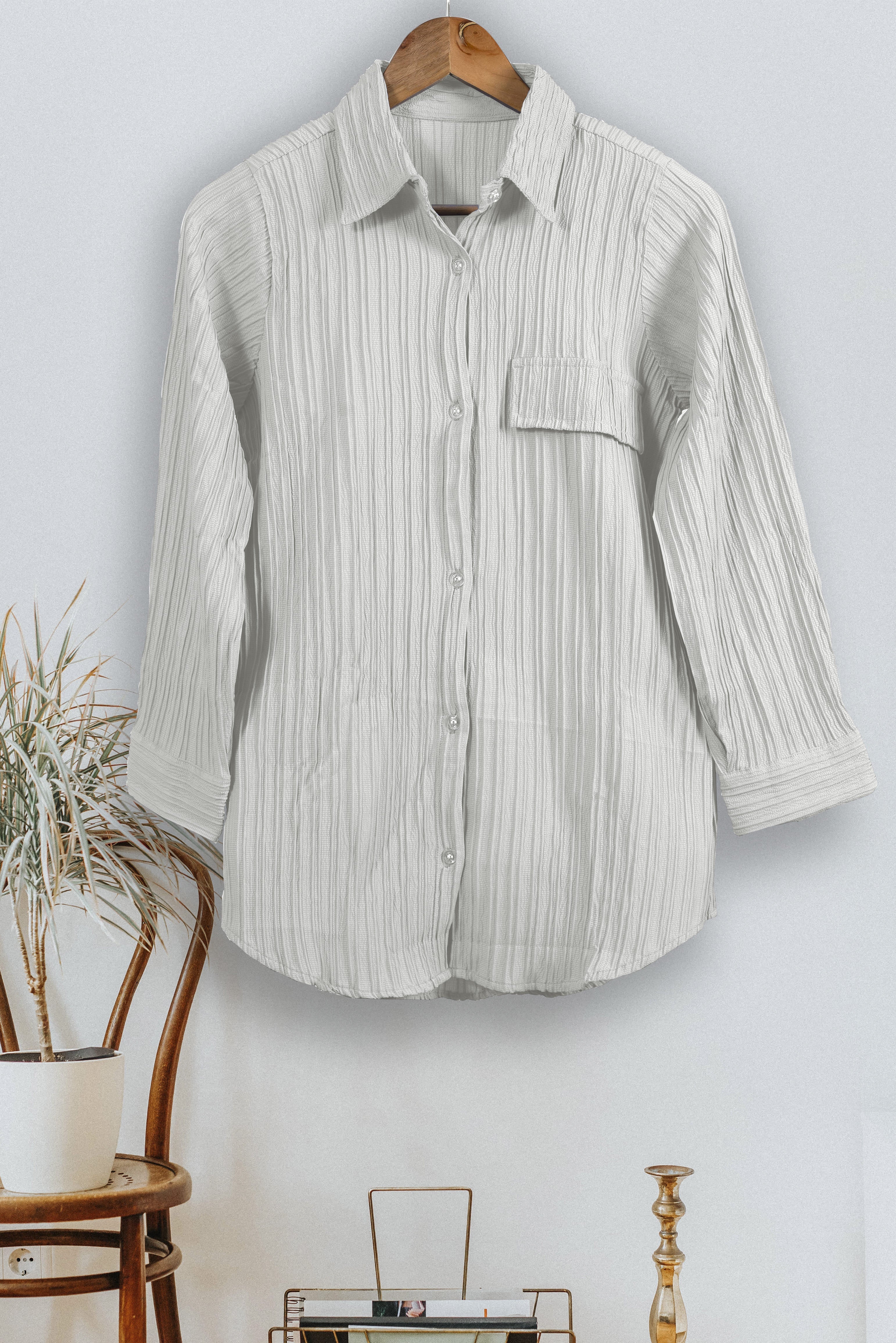 Sky blue and white striped women's button-down collar neck top