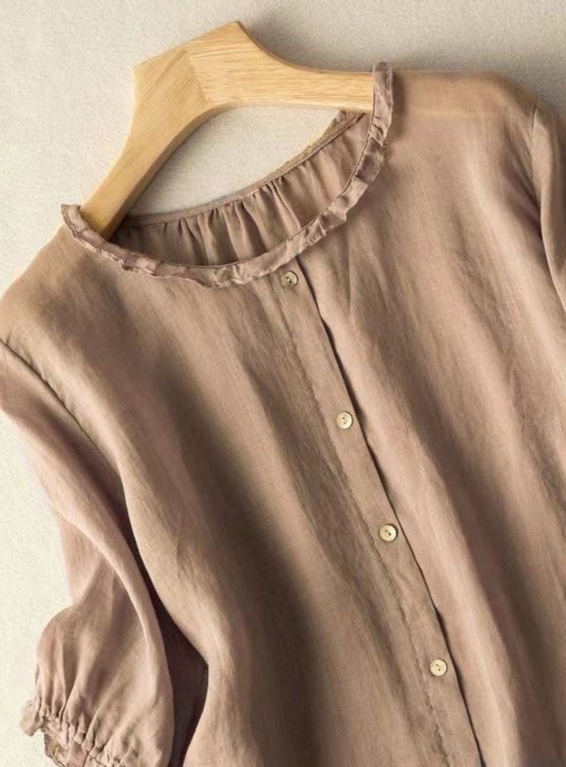 Buy Beige Ruffle Neck Button-Down Top for Women