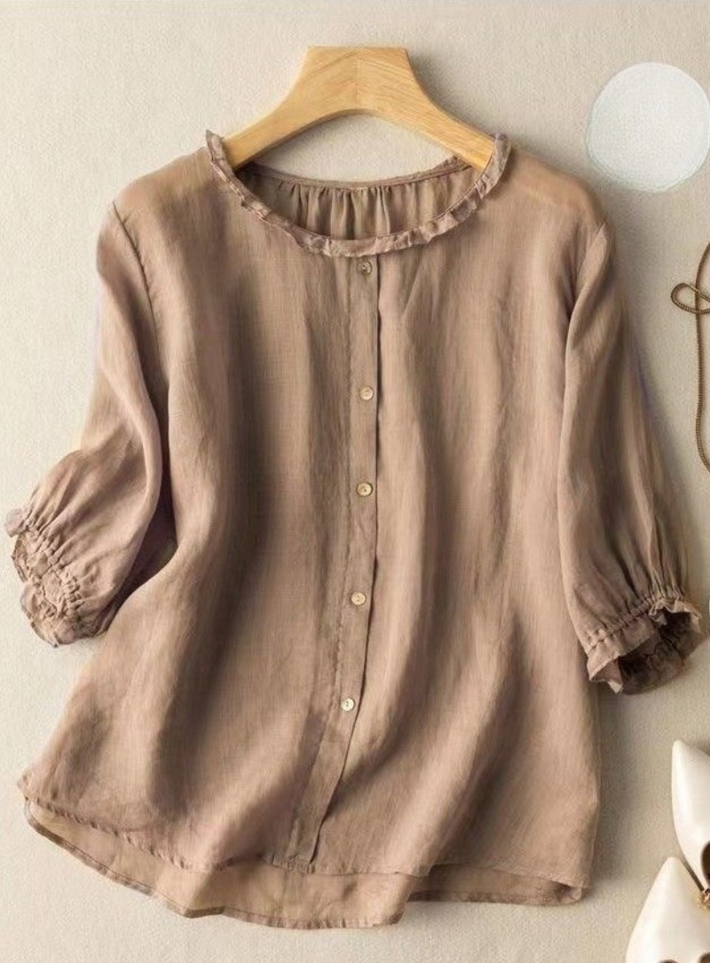 Buy Beige Ruffle Neck Button-Down Top for Women