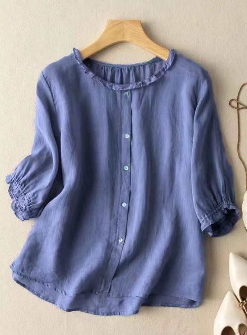 Blue Ruffle Neck Button-Down Top for Women