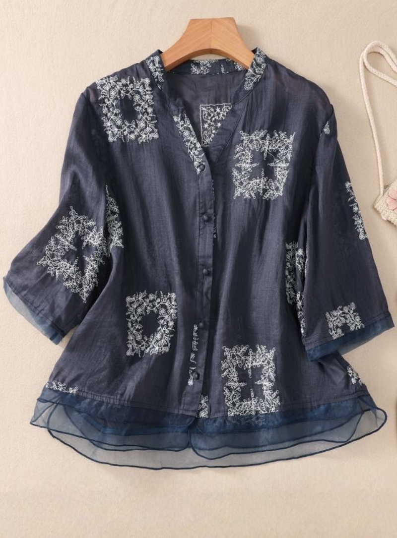 Navy Blue Embroidered Layered Pure Cotton Top for Women