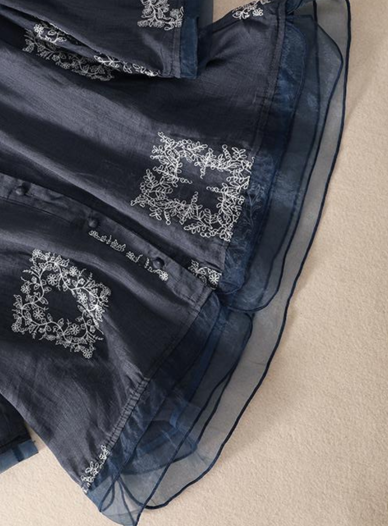 Navy Blue Embroidered Layered Pure Cotton Top for Women