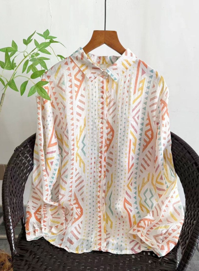 Ivory Multicolour Geometric Printed Pure Cotton Shirt for Women