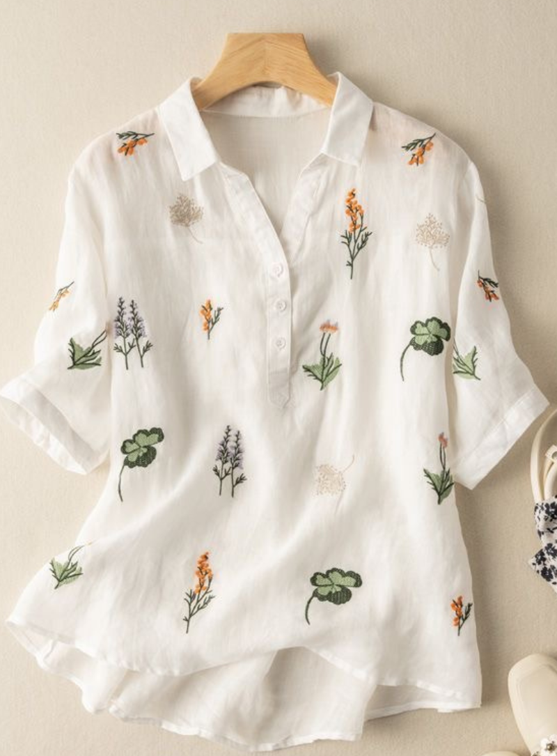 White Botanical Embroidered Tunic Top for Women