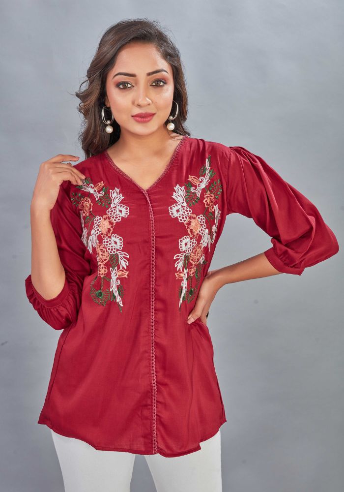 Embroidery Casual Wear V-Neck Half Sleeve Red Tunic