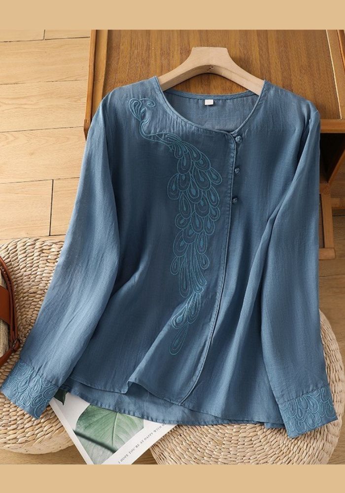 Blue asymmetrical cotton tunic with peacock embroidery