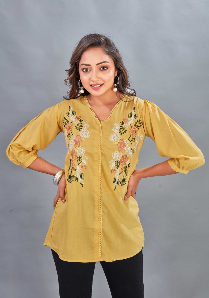 Embroidery Casual Wear V-Neck Half Sleeve Yellow Tunic