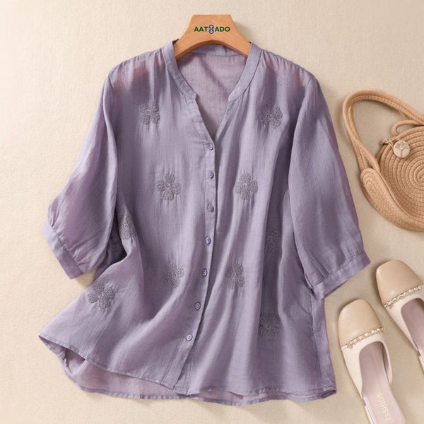Elegant Women's Embroidered Button-Down – V-Neck Half Sleeve Loose Fit Shirt