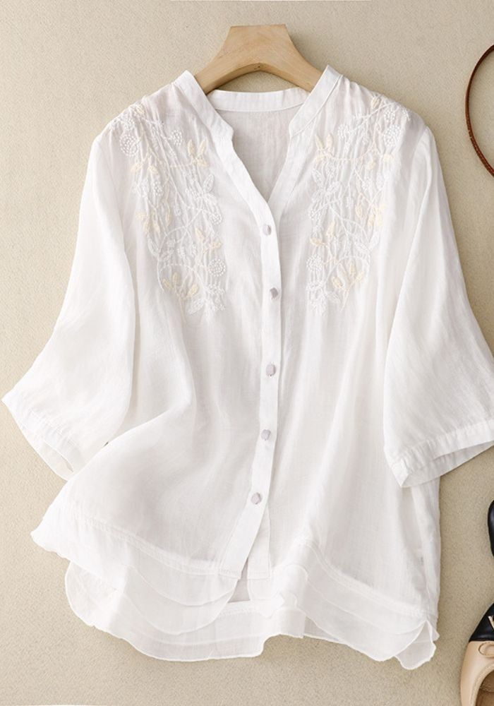 Women’s Floral Embroidered Mandarin Collar V-Neck Cotton Top