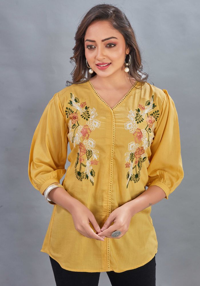 Casual Wear V-Neck Half Sleeve Yellow Tunic