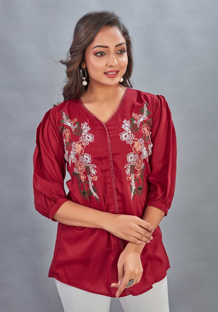 Embroidery Casual Wear V-Neck Half Sleeve Red Tunic