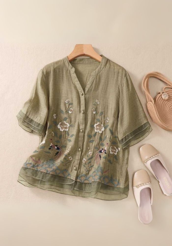 Pink blouse with floral embroidery top