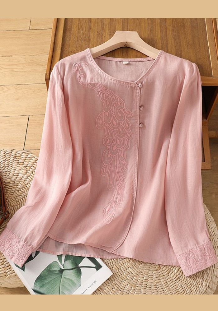 Blue asymmetrical cotton tunic with peacock embroidery