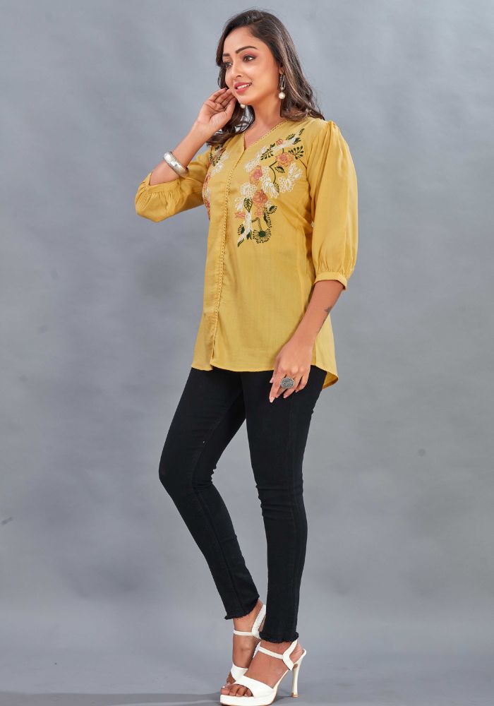 Embroidery Casual Wear V-Neck Half Sleeve Yellow Tunic for Women