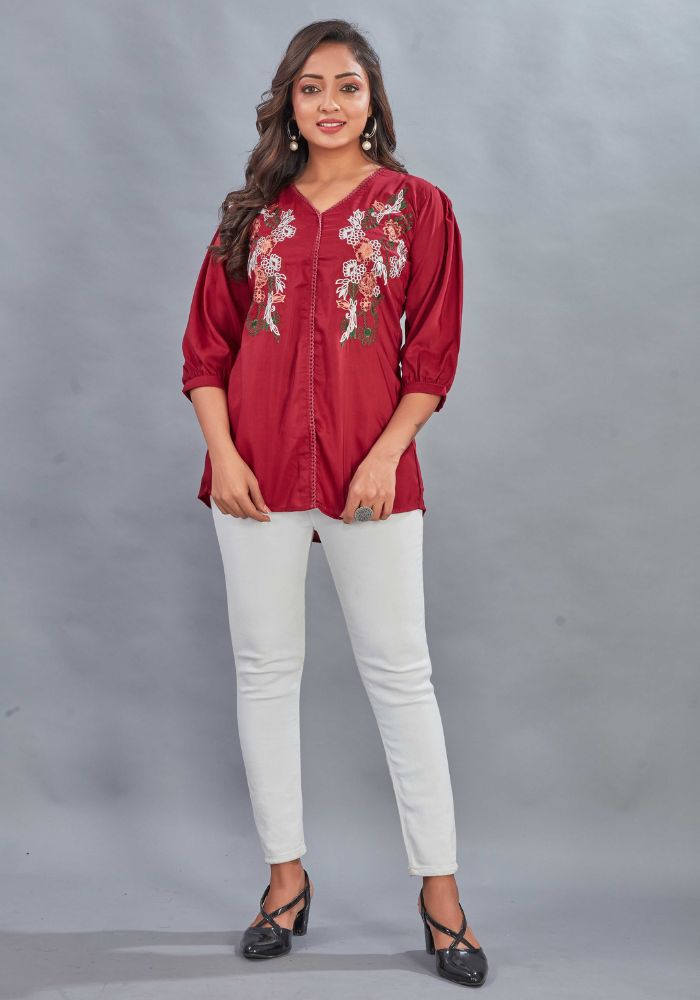 Casual Wear V-Neck Half Sleeve Red Tunic