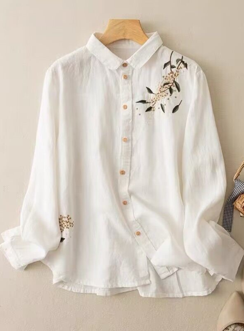 White Botanical Floral Embroidered Shirt for Women