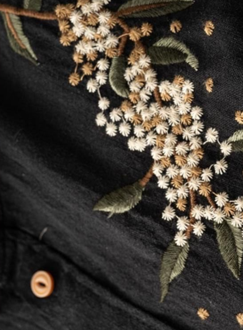 Black Botanical Floral Embroidered Button-Down Shirt