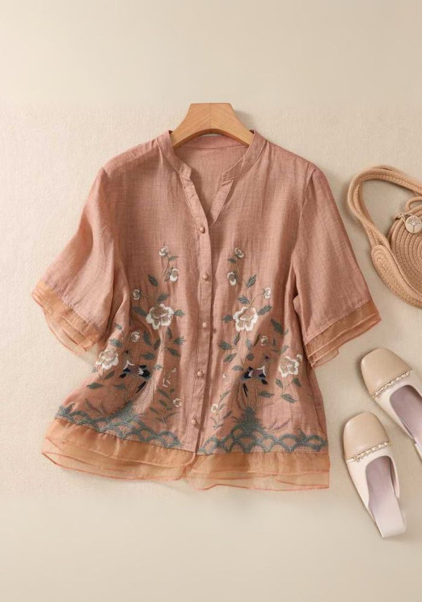 Floral Embroidered Cotton Button-Down Top with Half Sleeves
