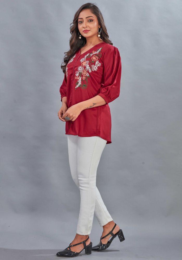 V-Neck Half Sleeve Red Tunic
