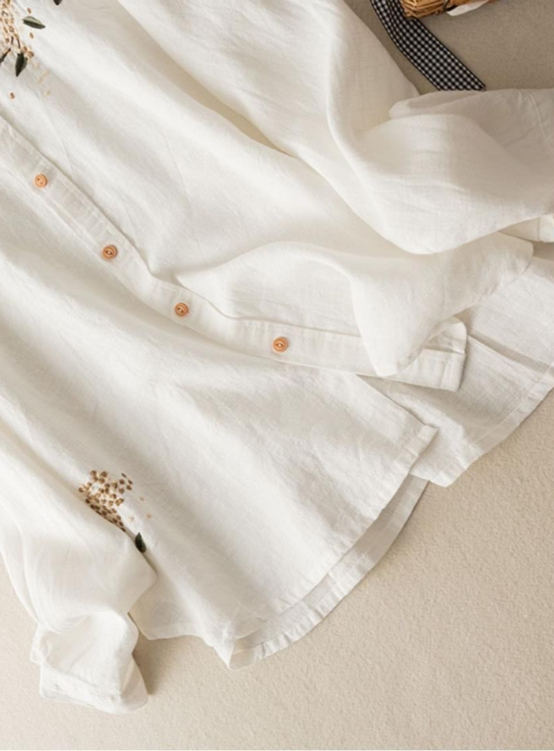 White Botanical Floral Embroidered Shirt for Women