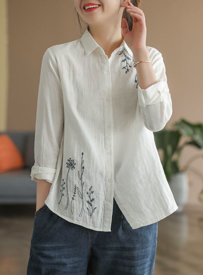 White Botanical Line Embroidered Shirt for Women