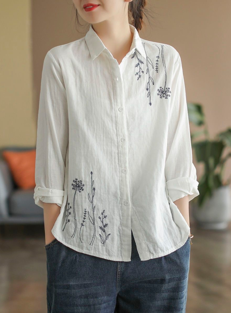 White Botanical Line Embroidered Shirt for Women