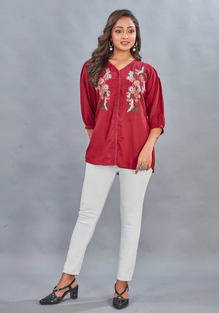 Casual Wear V-Neck Half Sleeve Red Tunic for Women