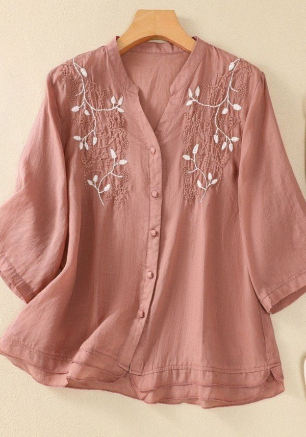 Women’s Floral Embroidered Mandarin Collar Cotton Top
