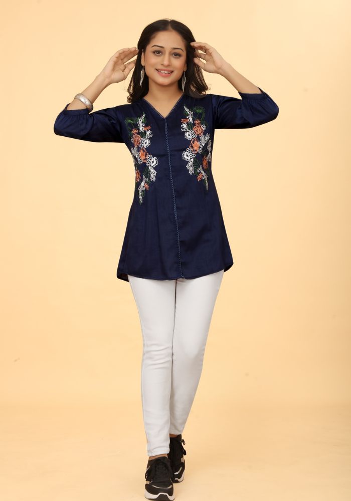 embroidery casual wear stylish blue tunic