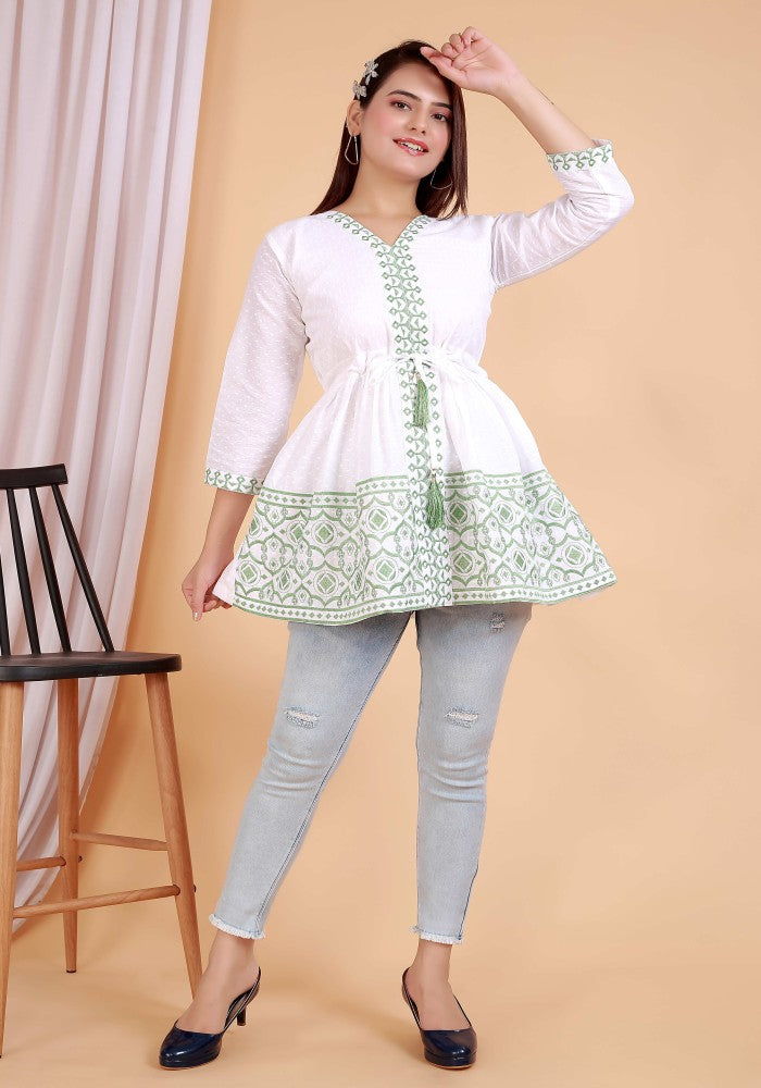 Heavy Green Embroidery Cotton White Tunic