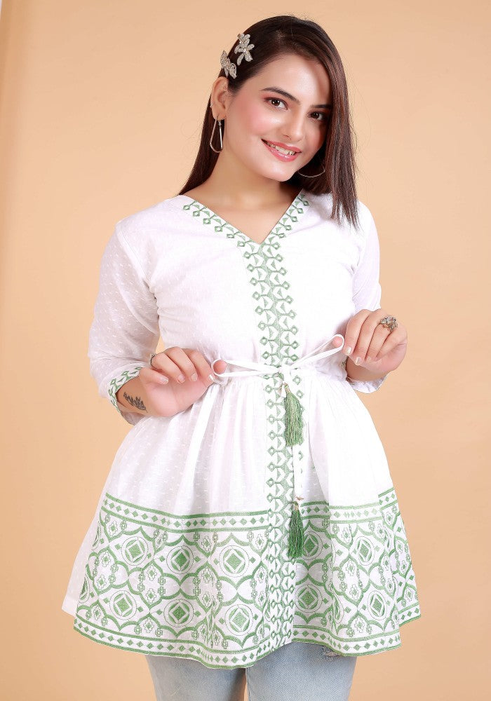 Mafia Style Heavy Green Embroidery Cotton White Tunic