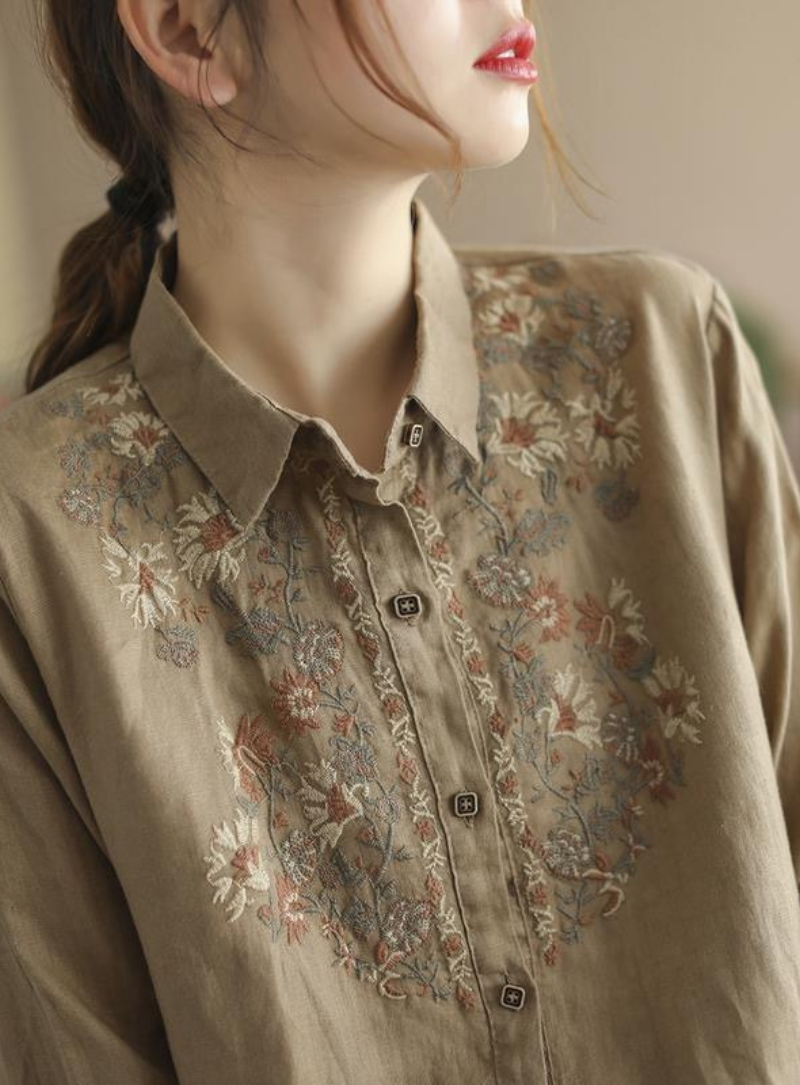 Beige Embroidered Shirt for Women