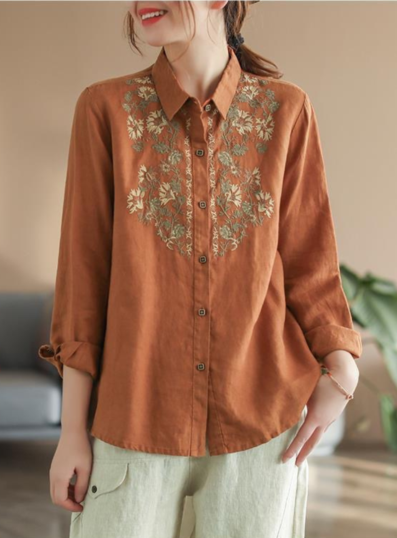 Rust Embroidery Shirt for Women