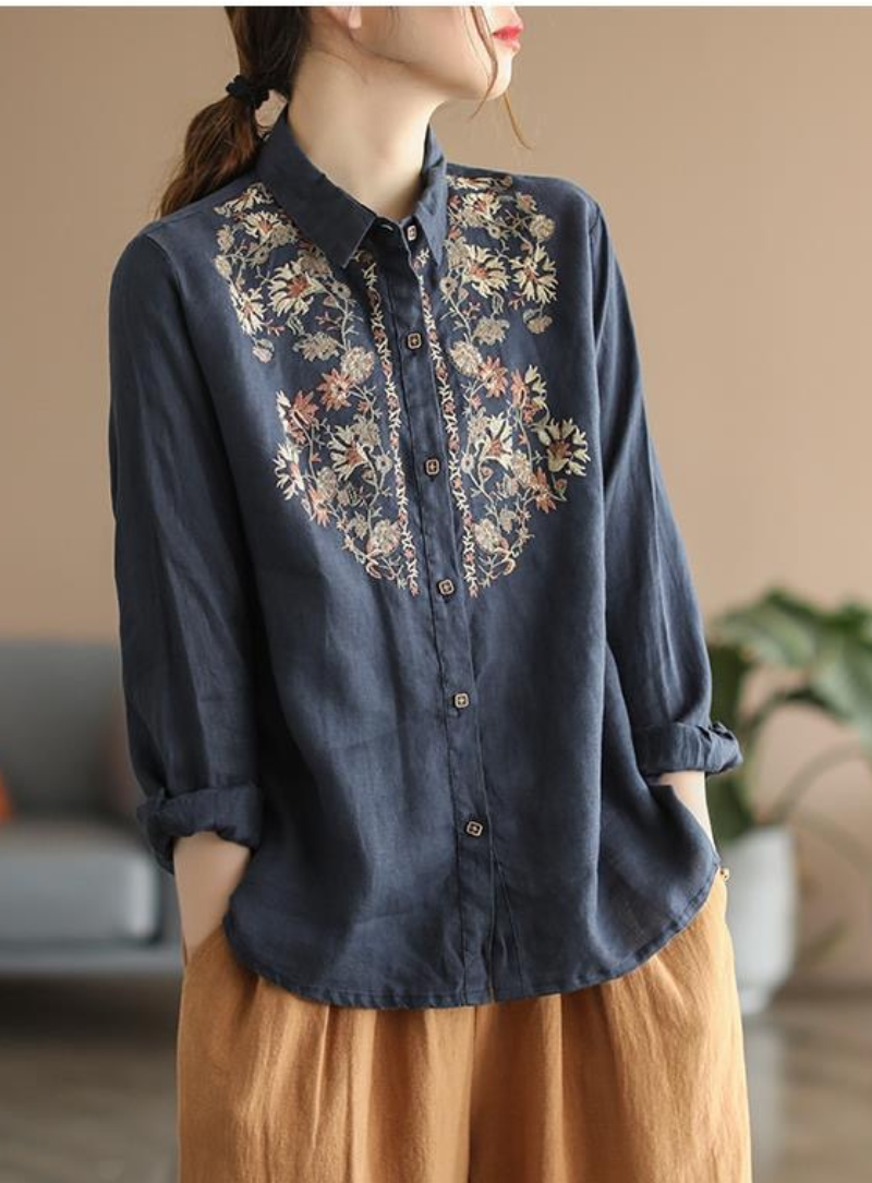 Navy Blue Embroidered Shirt for Women