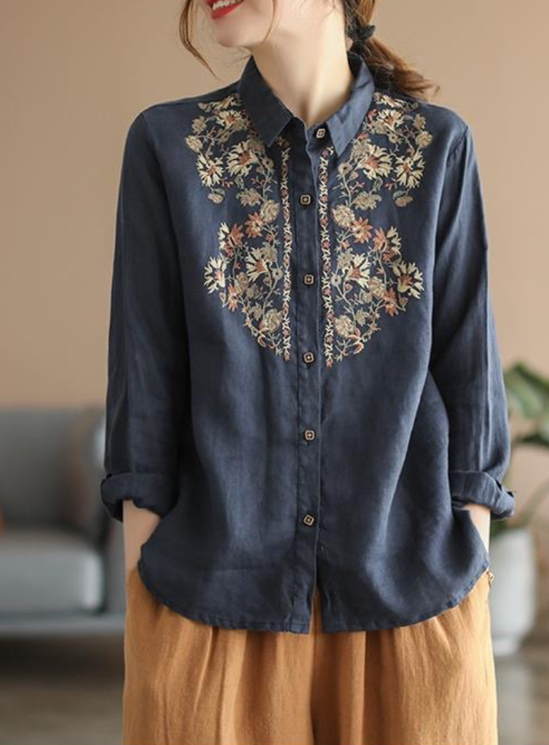 Navy Blue Embroidered Shirt for Women