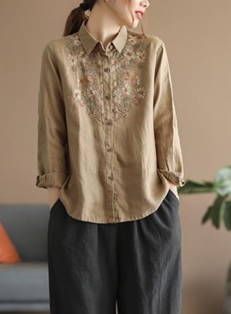 Beige Embroidered Shirt for Women