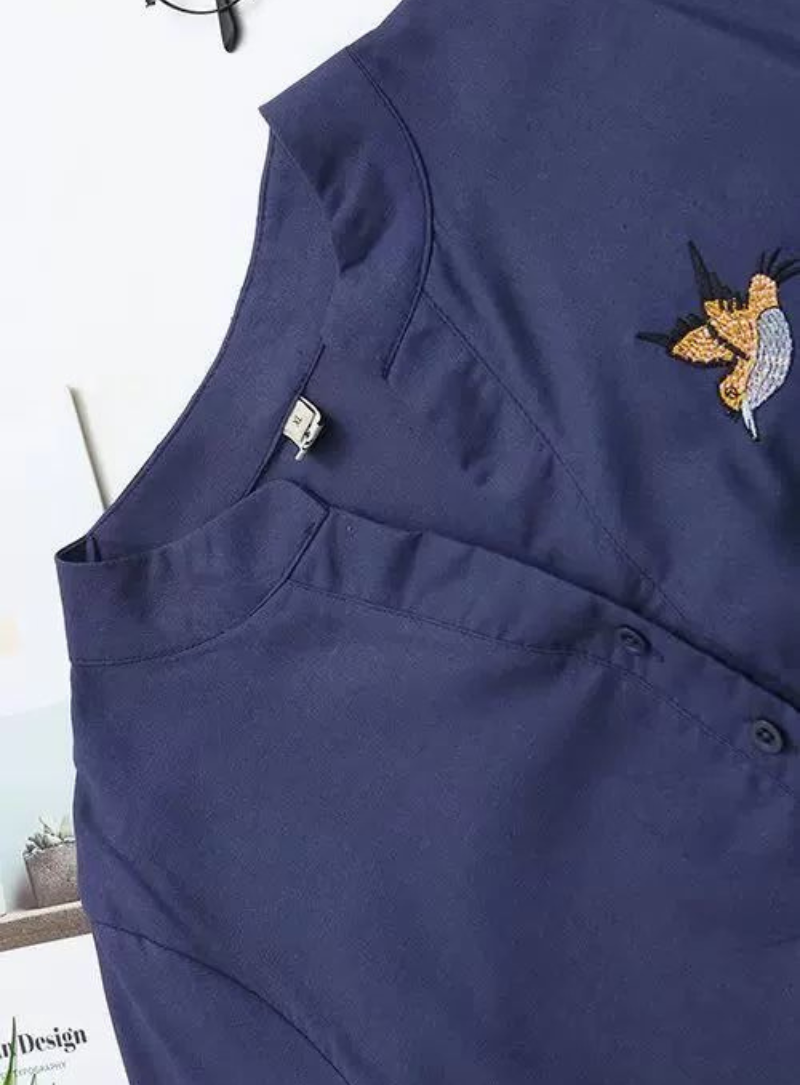 Navy Blue Bird and Lotus Embroidered Tunic for Women