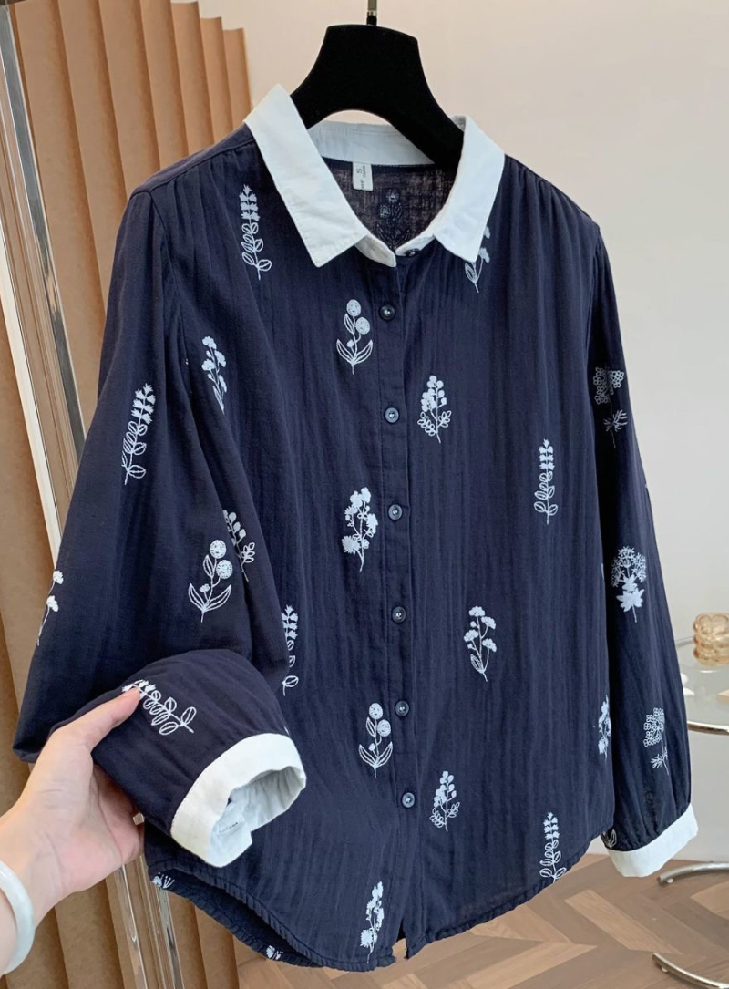 Navy Blue Pure Cotton Floral Printed Full Sleeve Shirt
