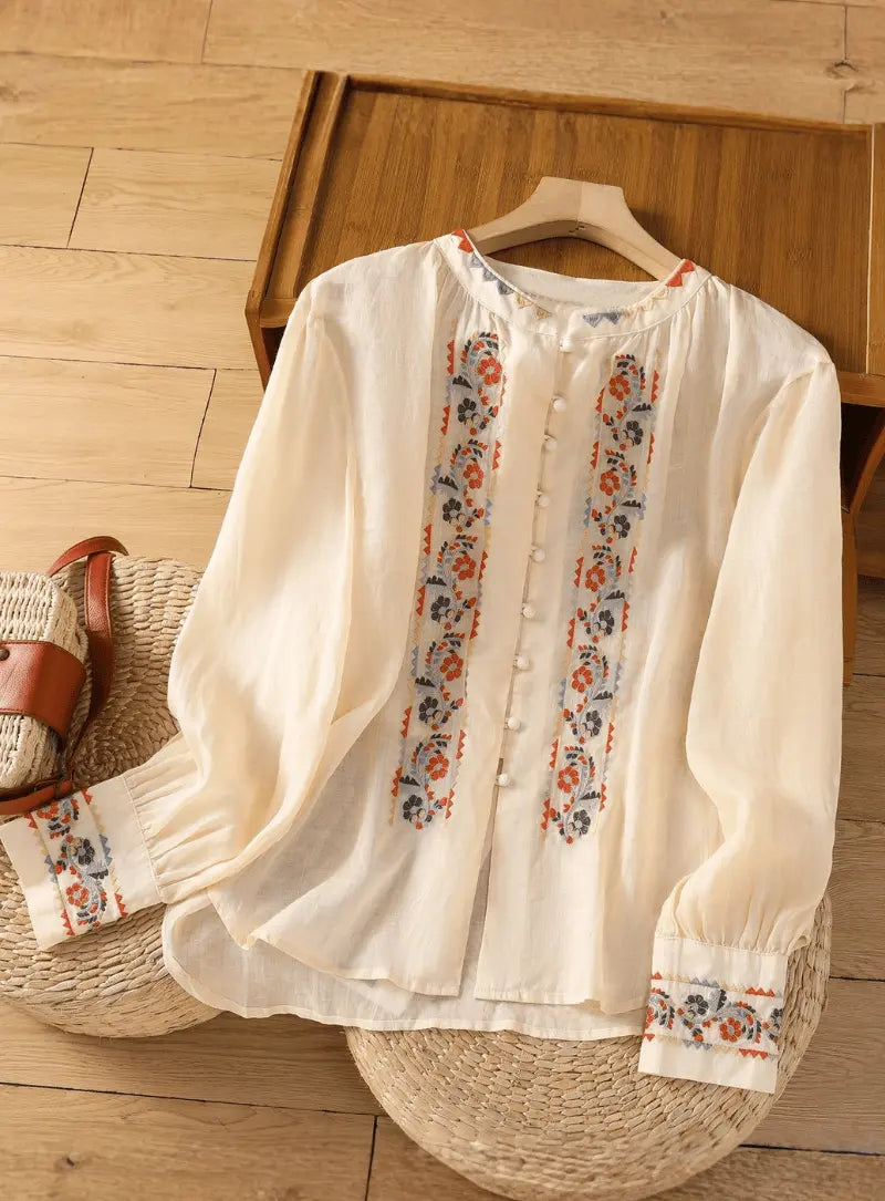 Cream Floral Embroidered Button-Front Top for Women