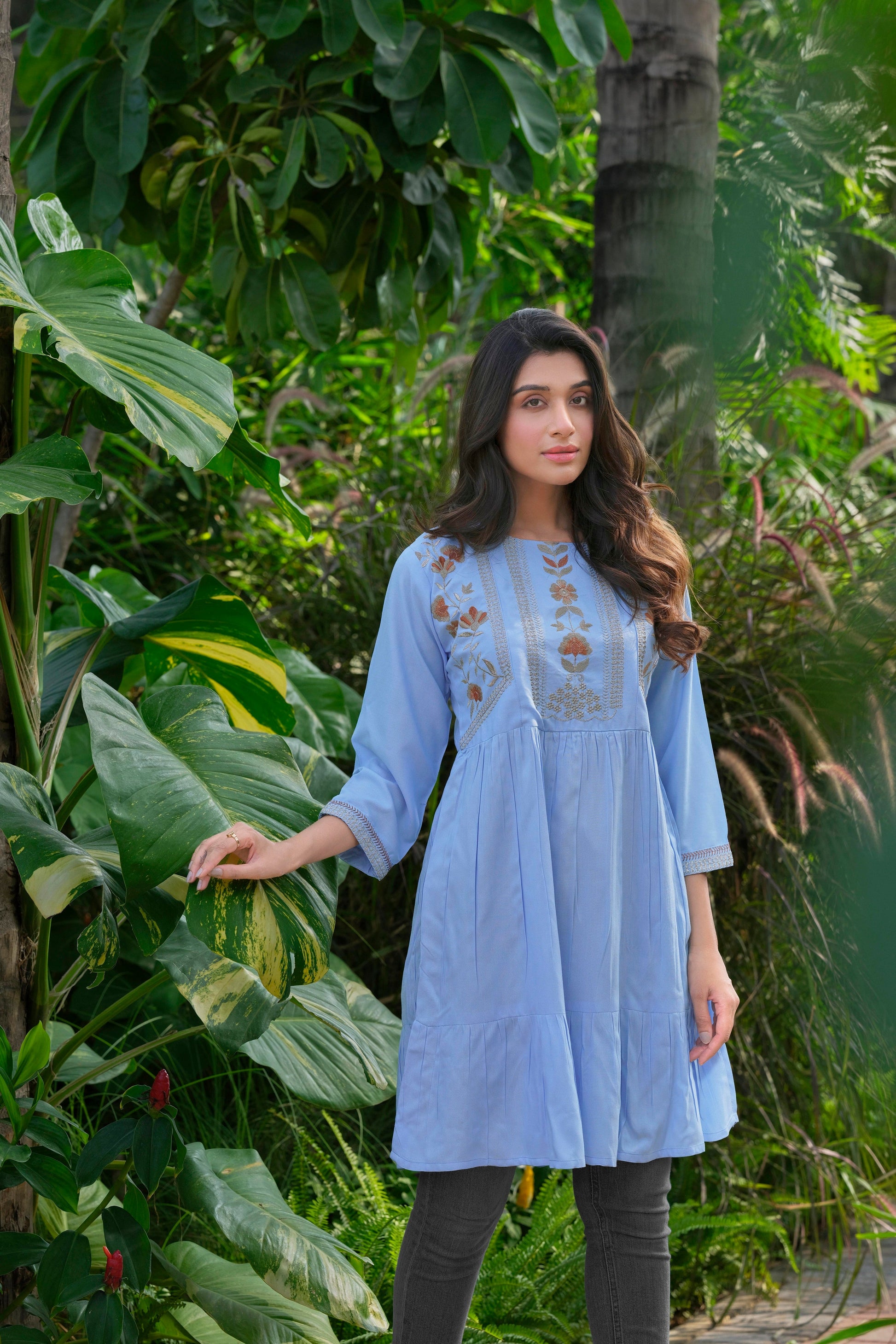 Rayon Heavy Embroidery Sky Tunic for Women