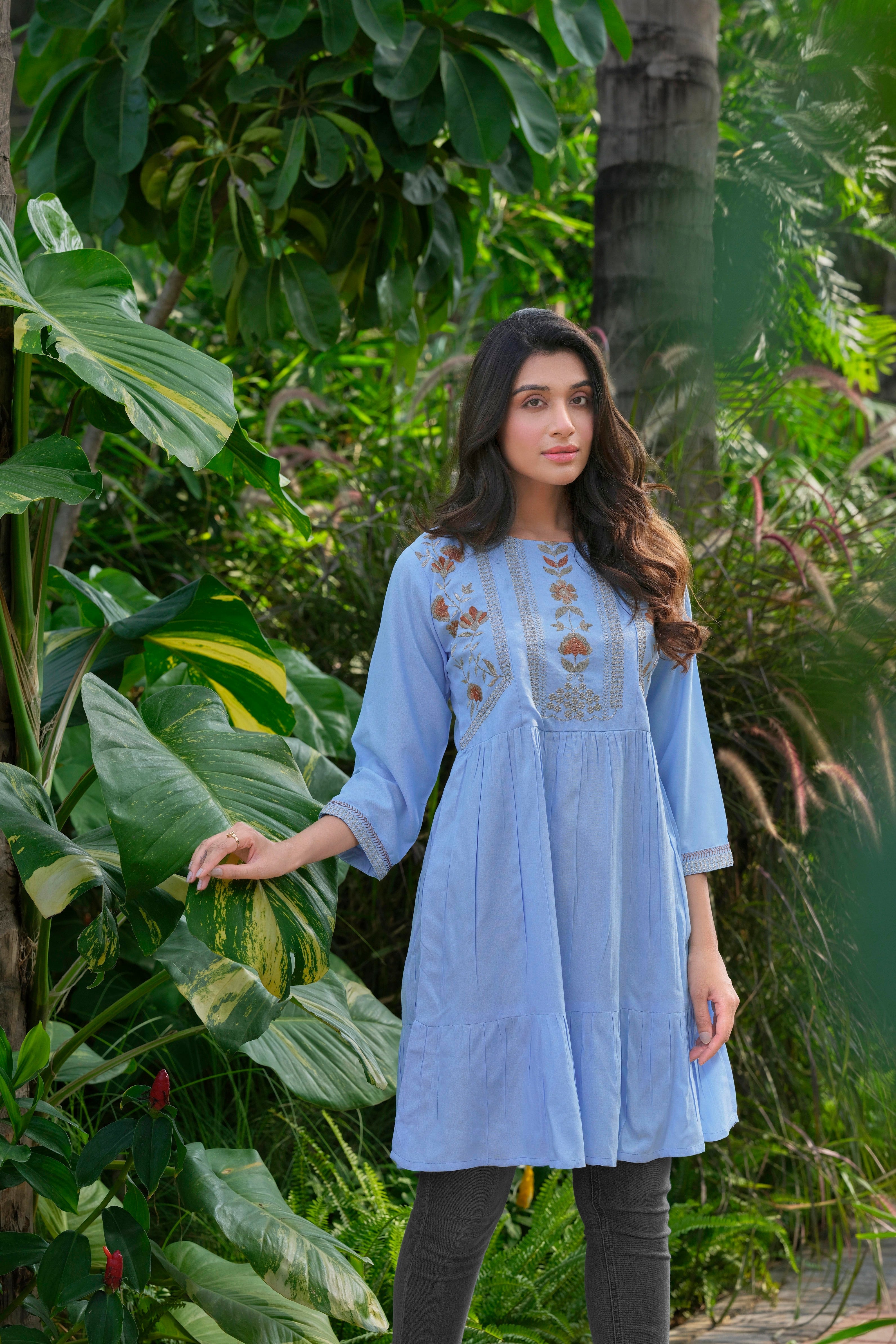 Rayon Heavy Embroidery Sky Tunic for Women