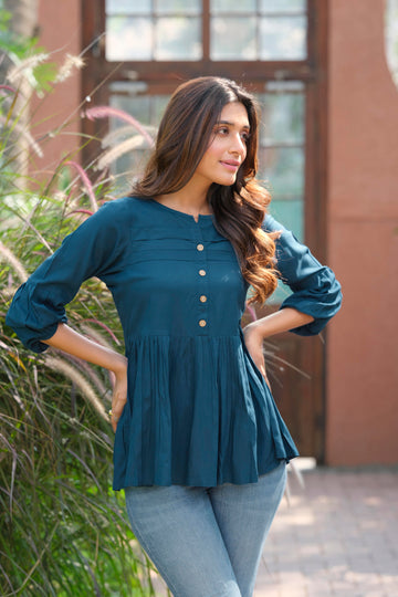 Heavy Rayon Solid Teal Blue Tunic - Stylish Top