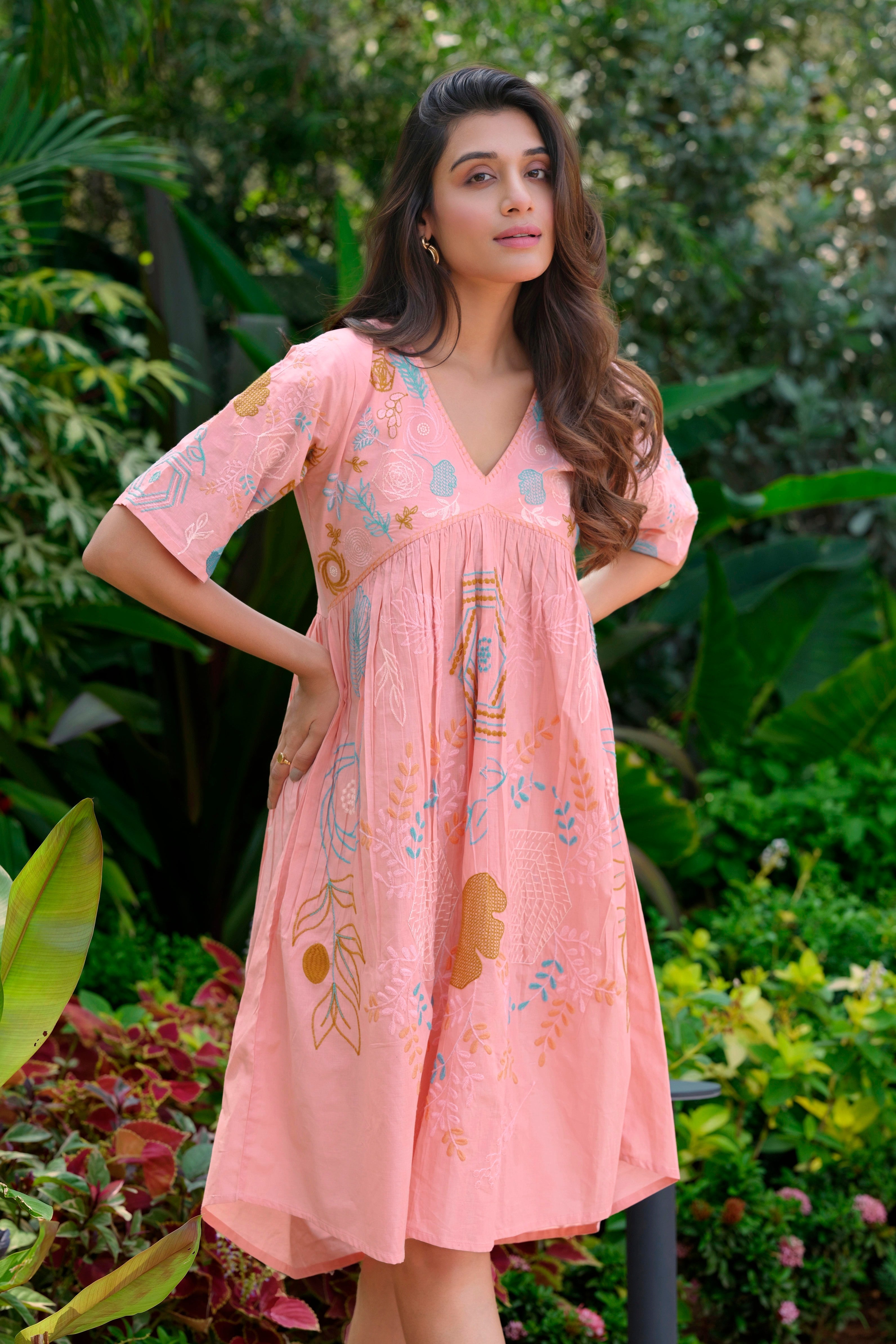 Pure Cotton Heavy Embroidery Peach Dress For Women