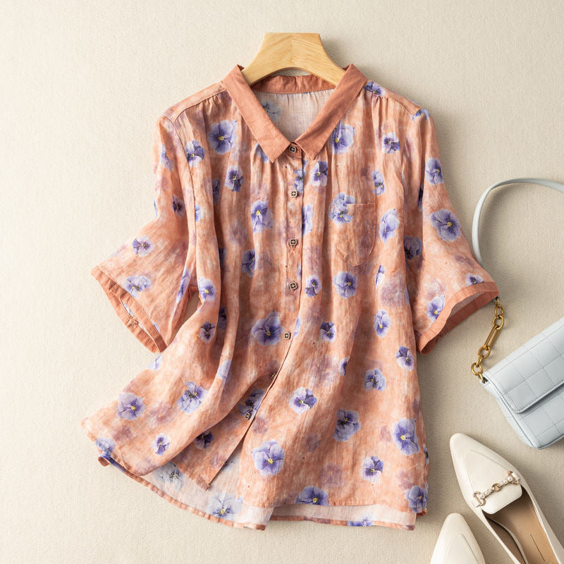 Lapel Button-Down Short Sleeve Printed Pink Top