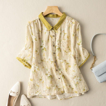 Lapel Button-Down Short Sleeve Printed  Cream Top