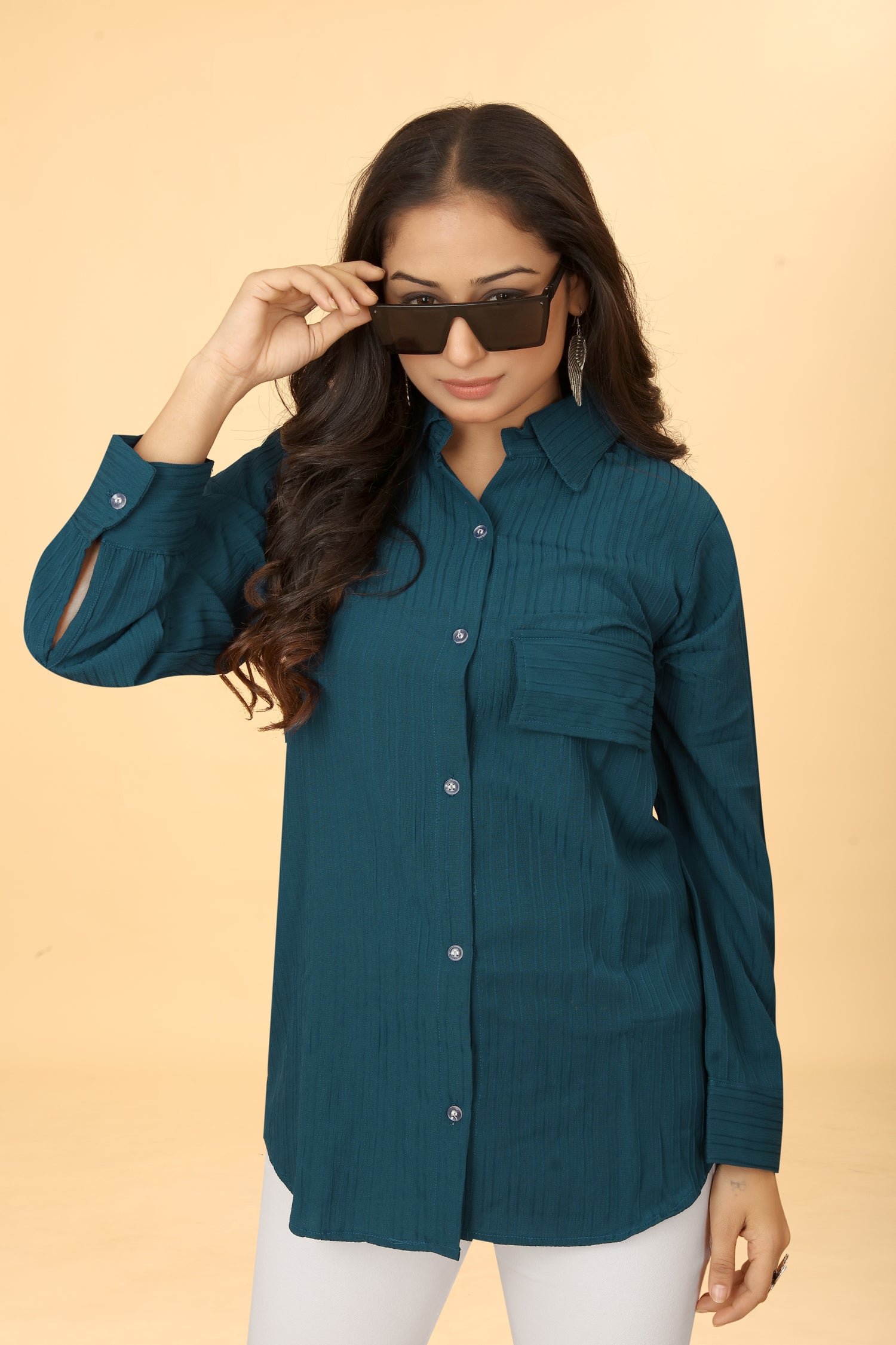 Woman wearing a Rama button-down collar neck top