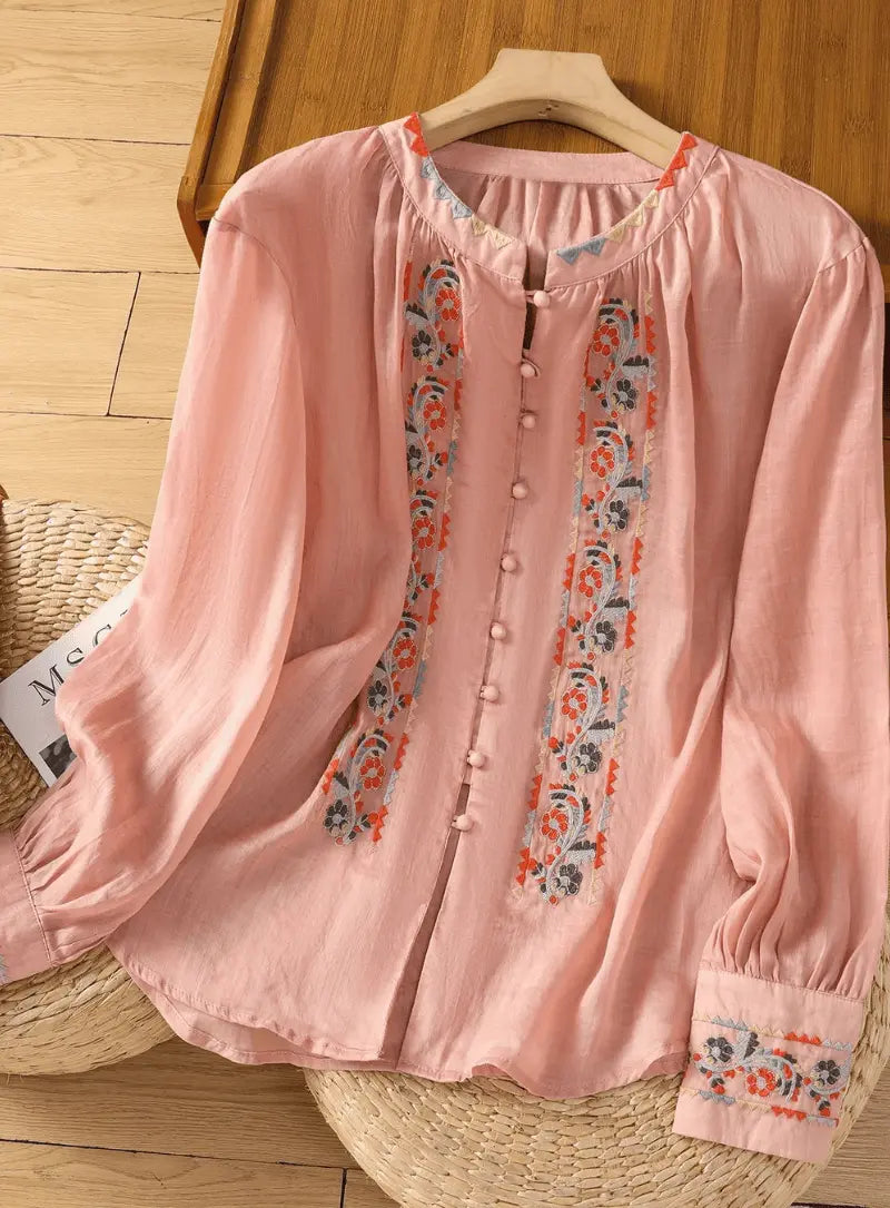 Pink Floral Embroidered Button-Front Top